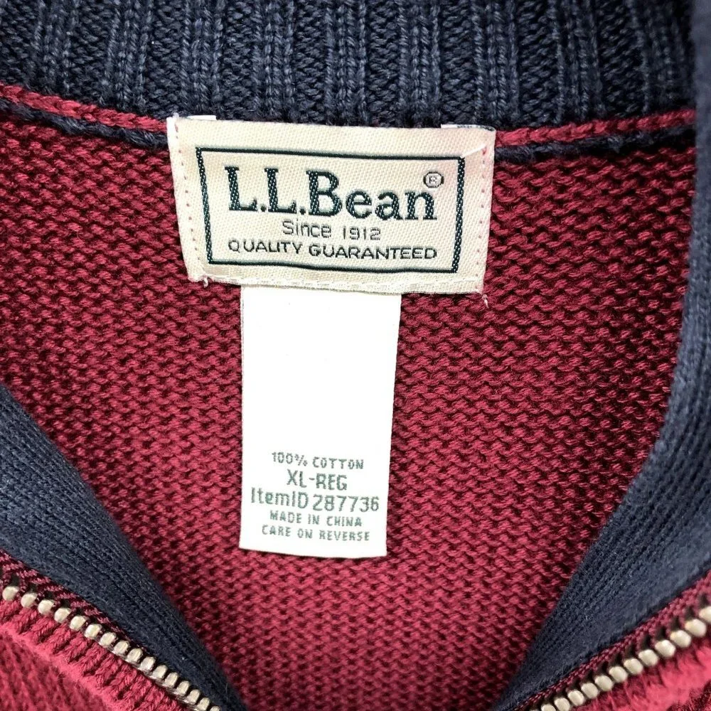 L.L. Bean 1/4 Zip Sweater Mens XL Wine‎ Red Cotton Thick Winter Pullover Knit